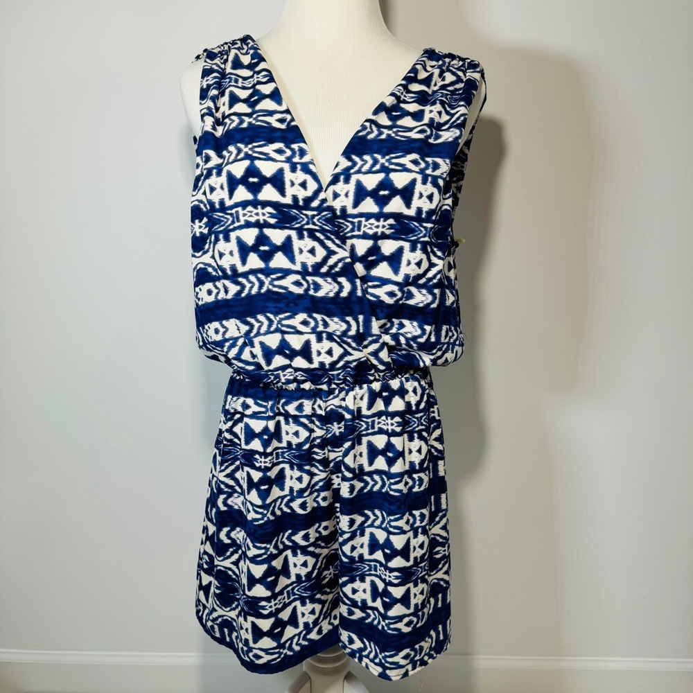 Aniina Blue White Tribal‎ Print Sleeveless Romper Size Large